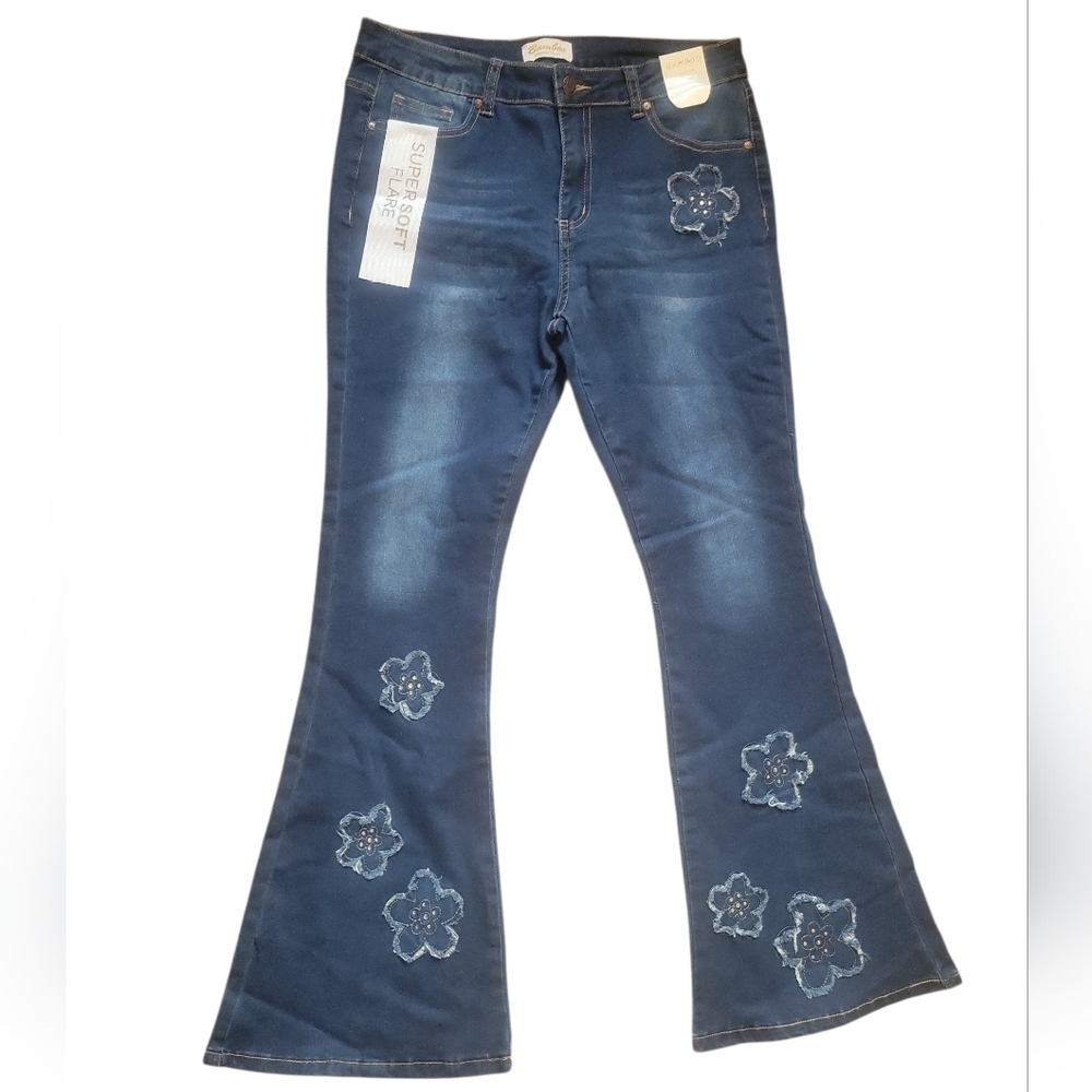 Women’s Dark Blue Floral Embroidered Flare Jeans